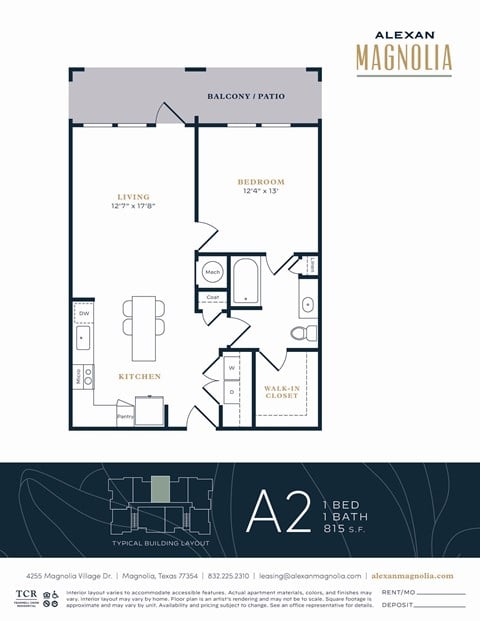 Floor plan for 1 bed, 1 bath, 815 sqft